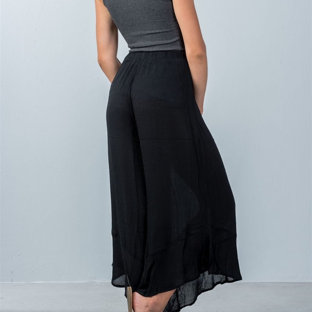 Elastic waistline black flare wide leg culotte